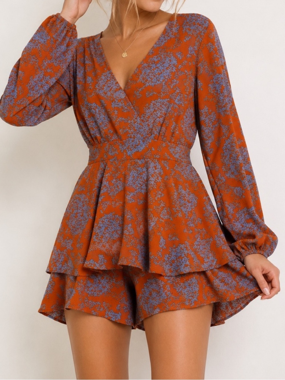 Classic Fashion L Rust Floral Tiered V-Neck Romper Dress Boho-Chic Romantic